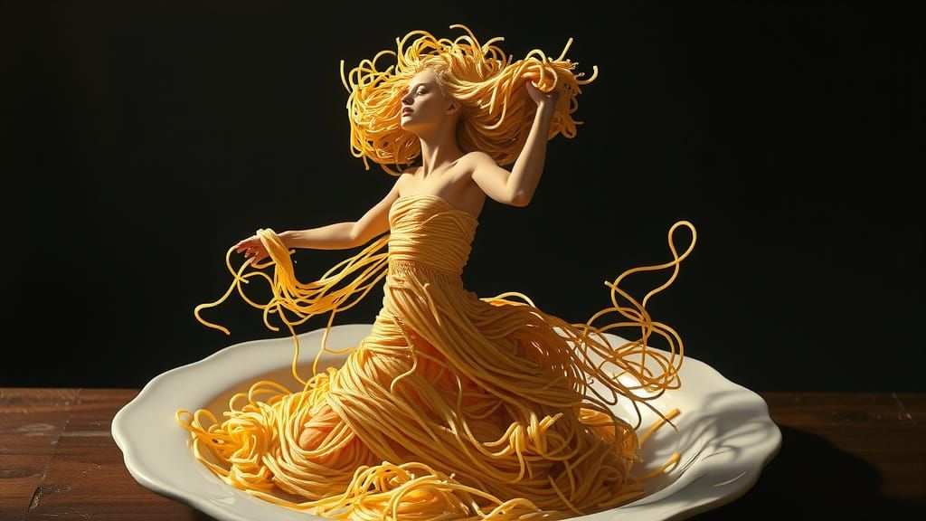 Spaghetti Woman Dancing on Plate in Dramatic Light