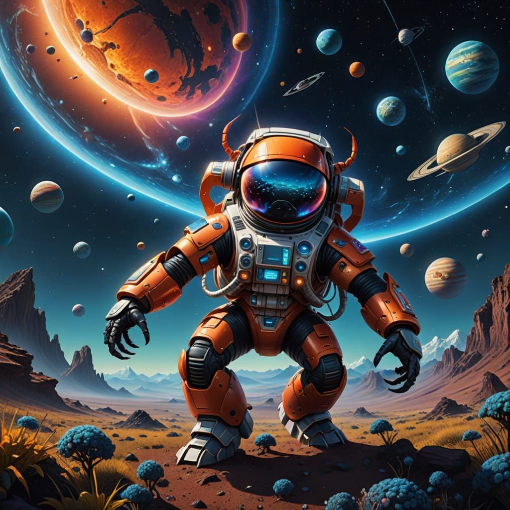 Whimsical Crab Dances in Outer Space