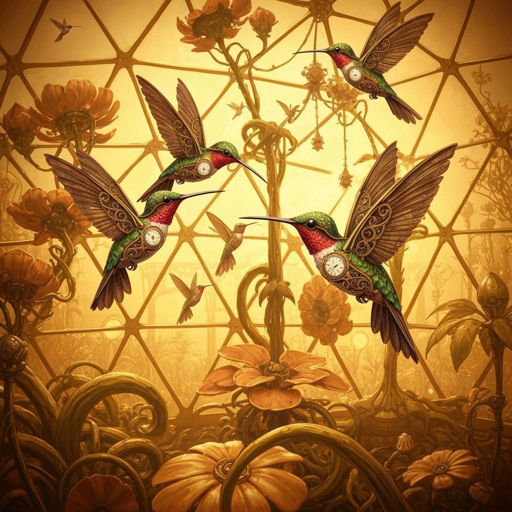 Steampunk Hummingbirds in a Futuristic Botanical Garden