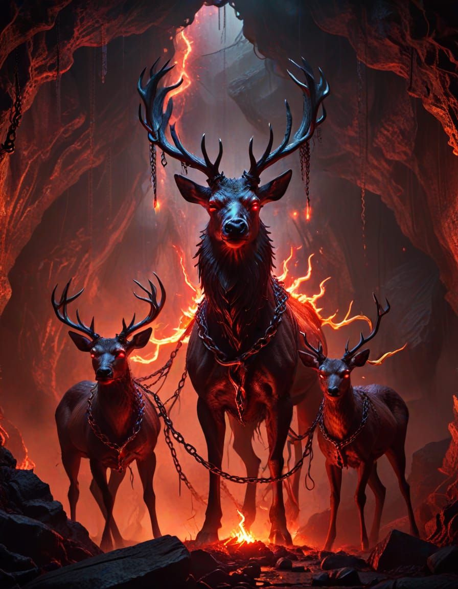 Demon Deer Spellcasting in a Dark Fantasy Cave