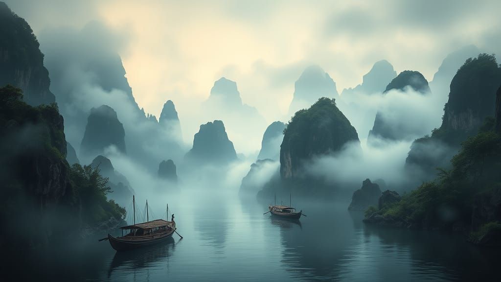 Dreamlike Landscape with Winding River and Karst Mountains