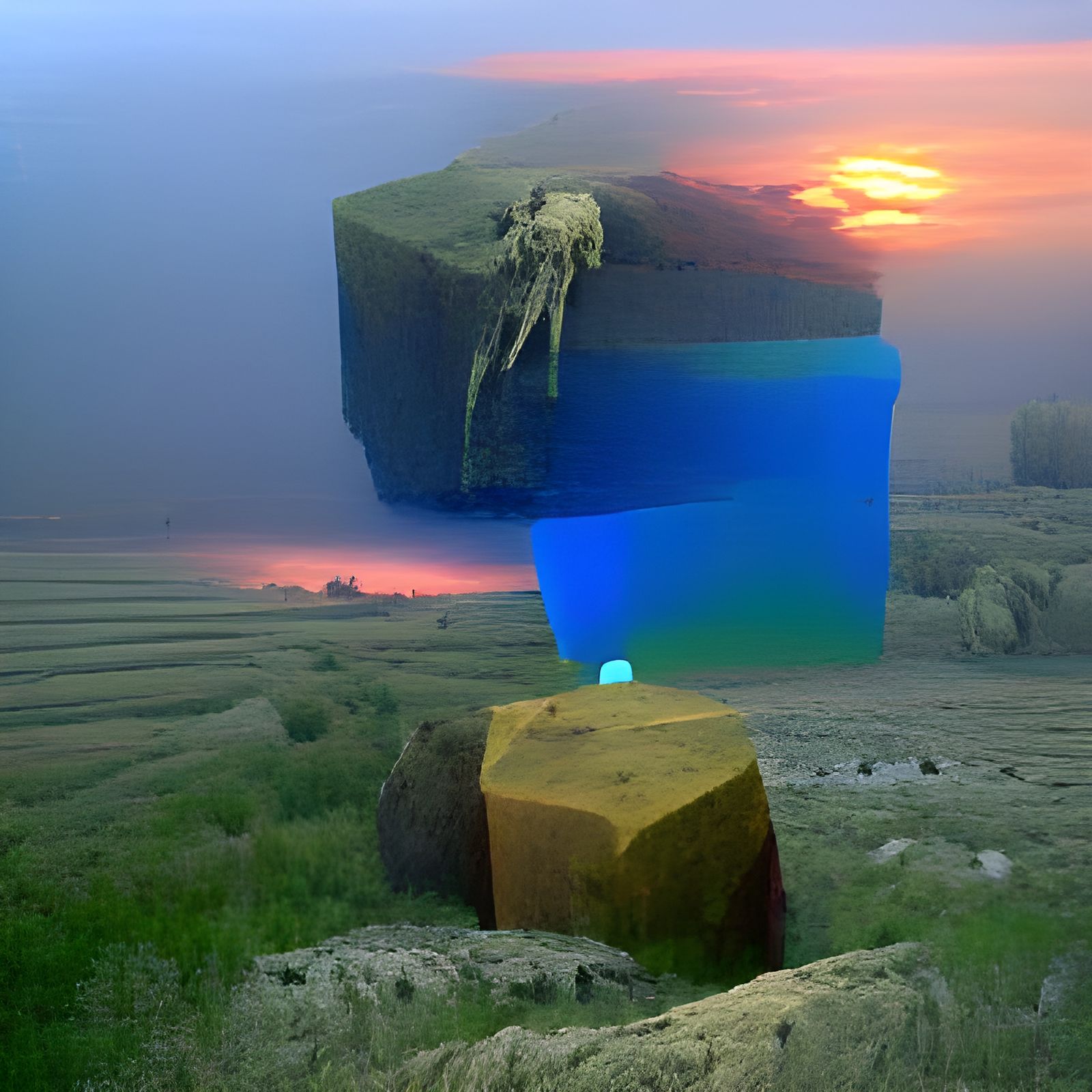 Giant Blue Skeleton Sunset: Dystopian Digital Art