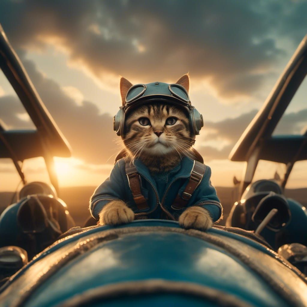 Cute Cat Pilot in Vintage Airplane Cockpit
