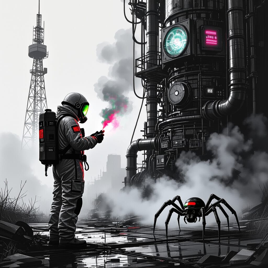 Cyberpunk Nuclear Site: Hyper-Realistic Charcoal Sketch