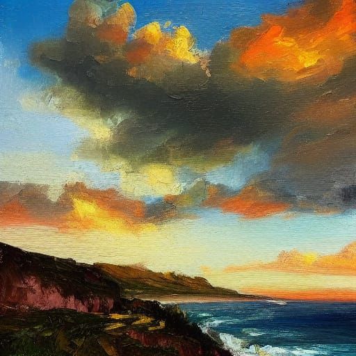 Impressionist Oil Painting of Dramatic Sunset Over Mediterra...