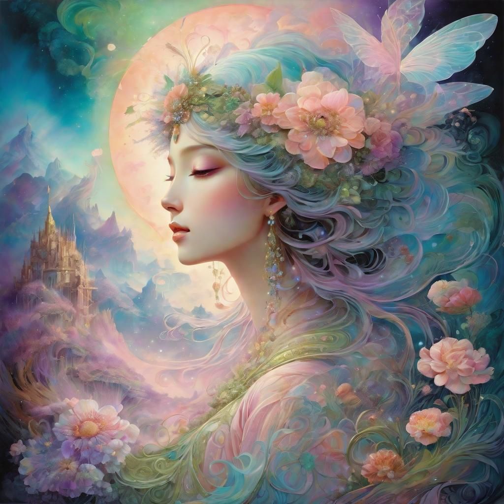 Dreamy Flower in Pastel Colors, Digital Illustration