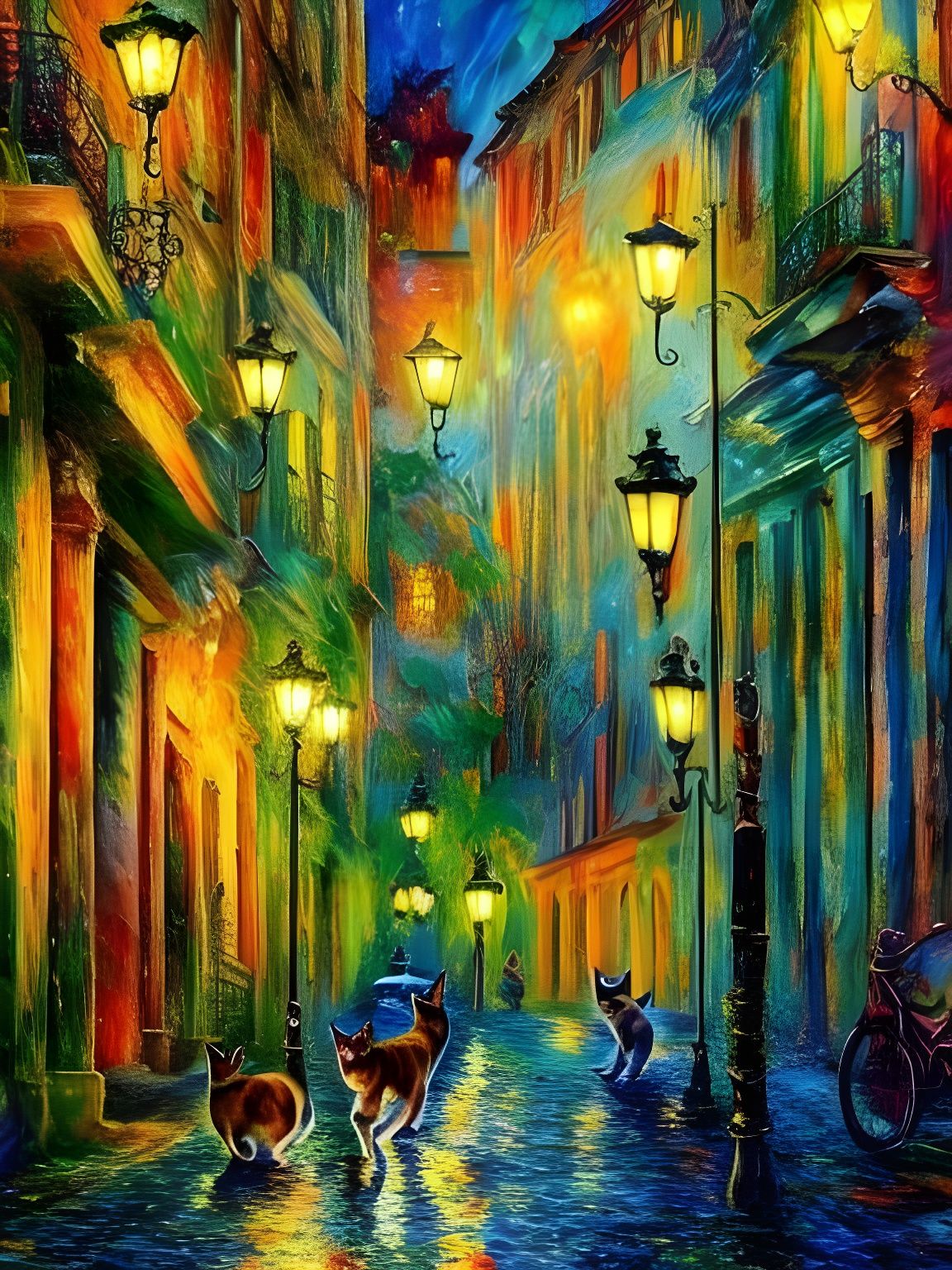 Whimsical City Streets Filled with Kittens in Gouache Style