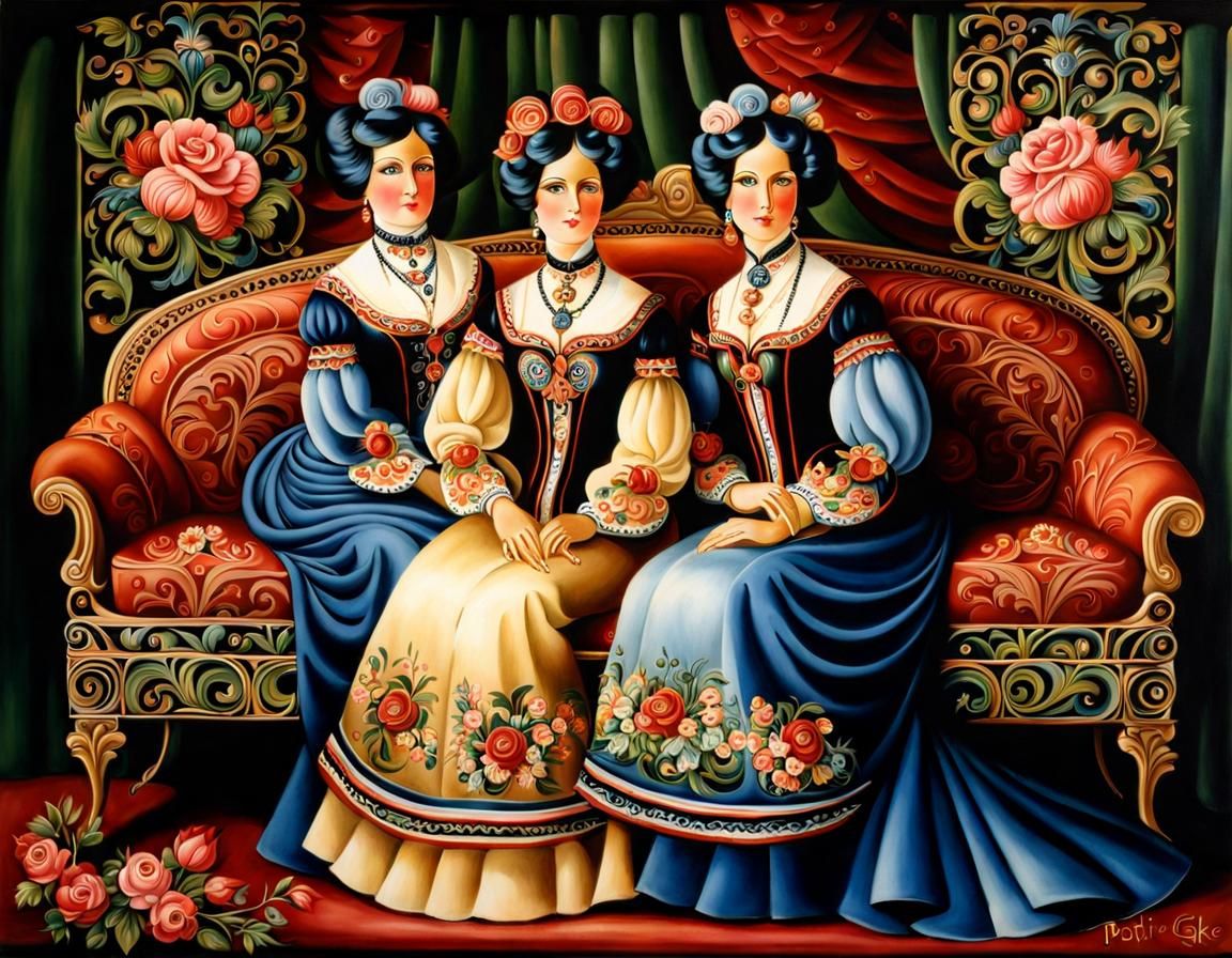 Women on Couch in Rosemaling Style