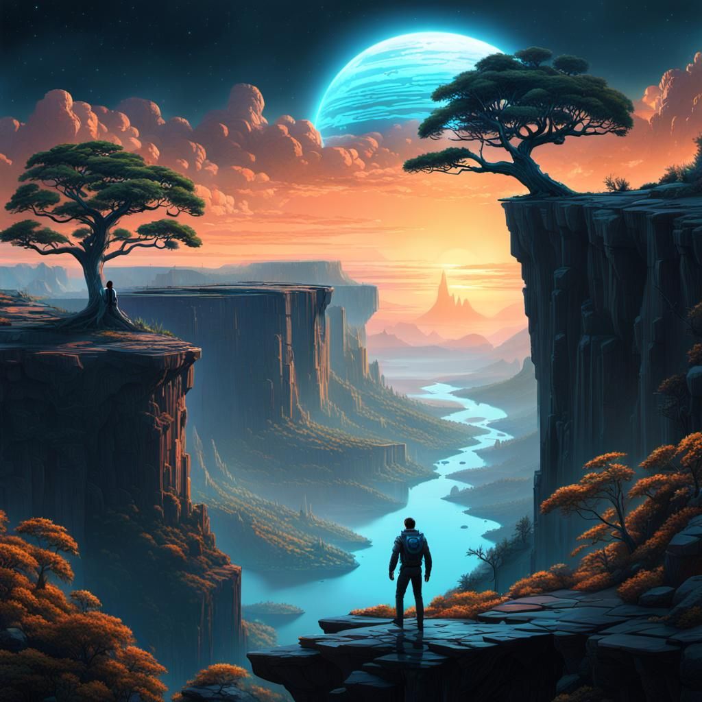 Hybrid Being Gazing at Bioluminescent Planet