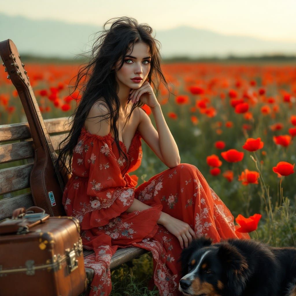 Ethereal Bohemian Woman in Rustling Dress, Surrounded by Nat...