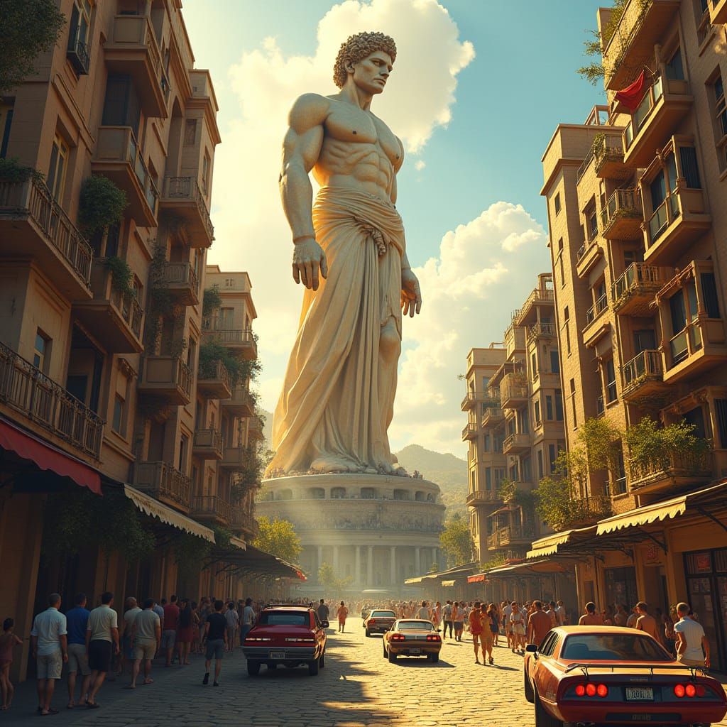 Colossus of Rhodes Over Futuristic Bladerunner Street