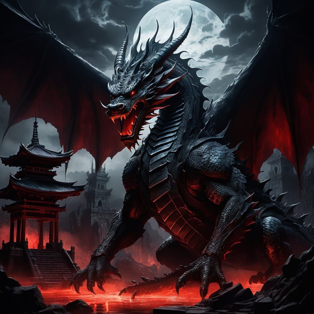Colossal Dark Dragon Amidst Gothic Ruins