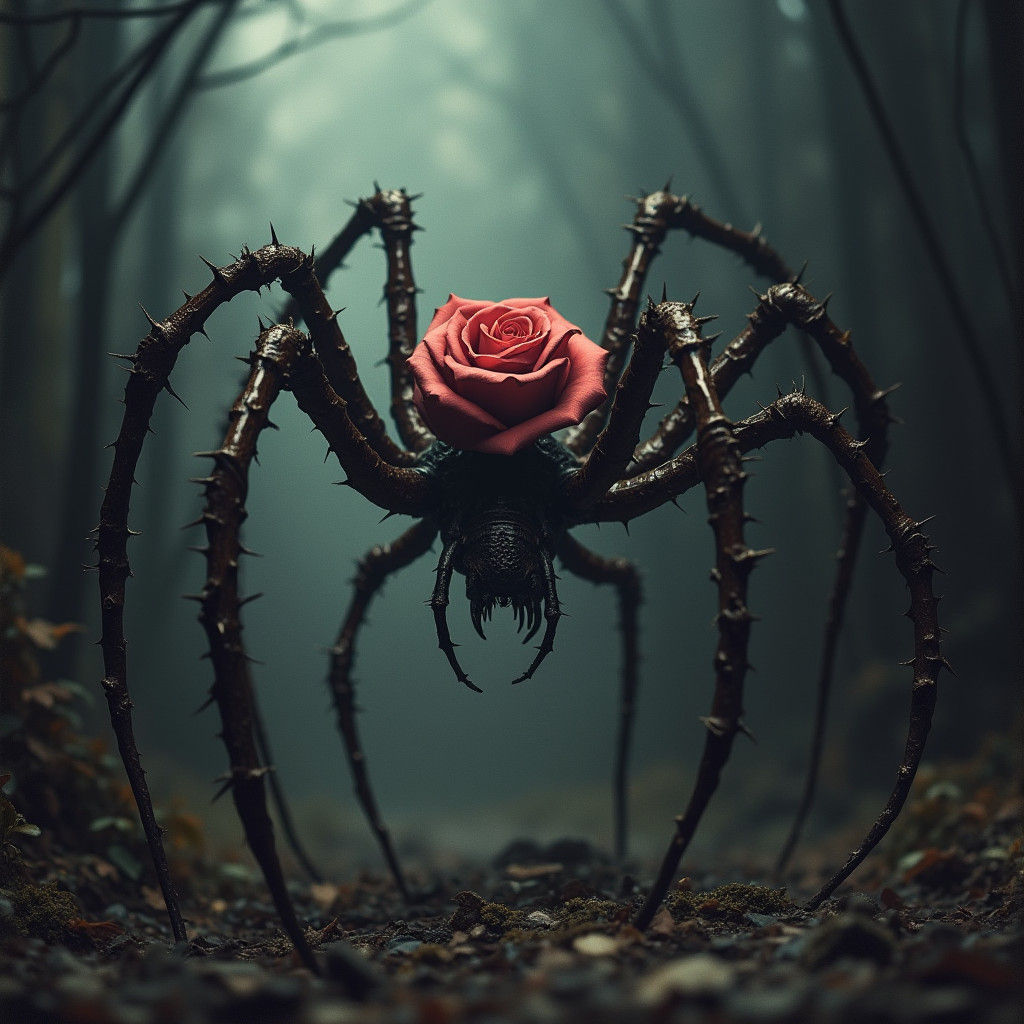 Nightmarish Rose Spider Emerges from Shadows