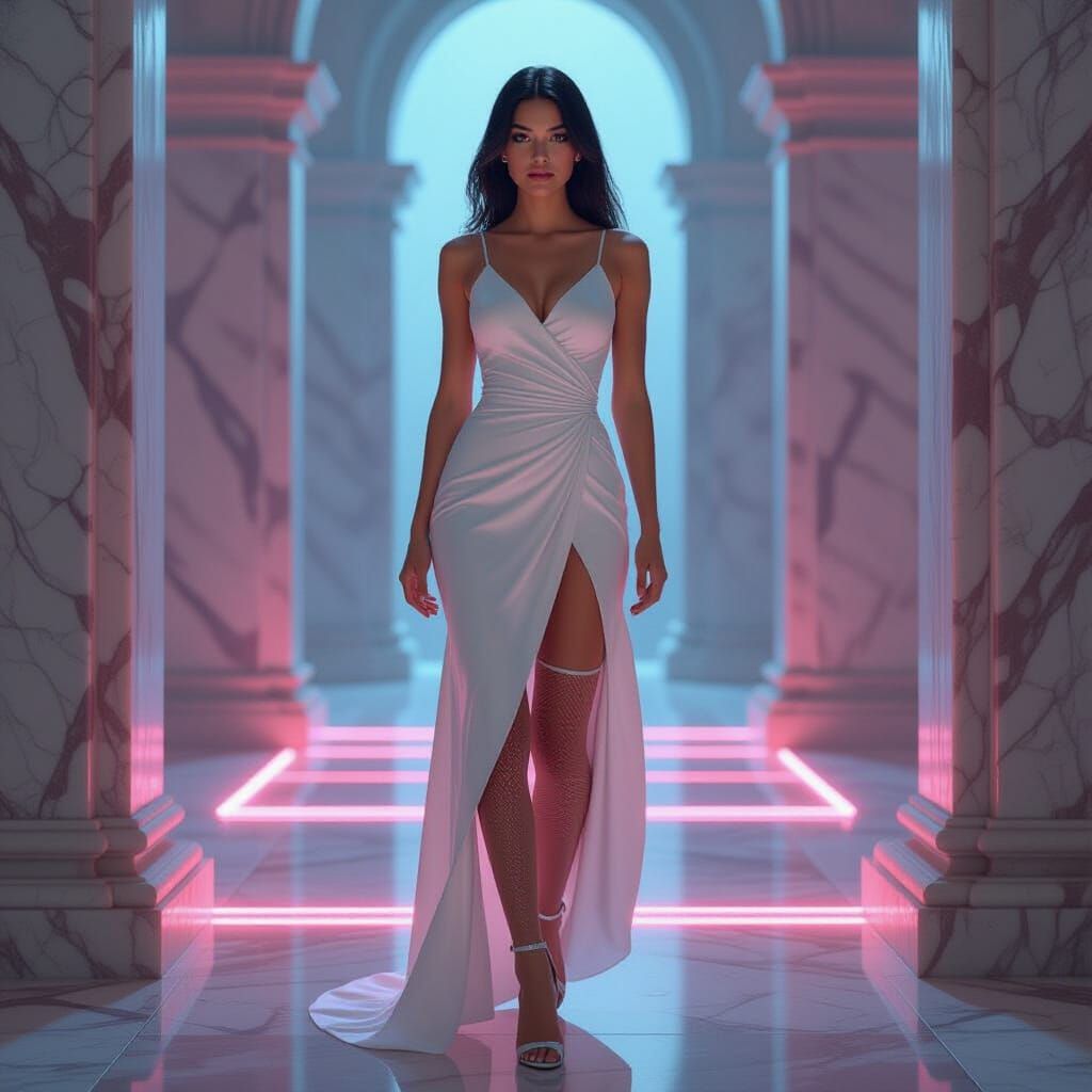 Elegant Woman with Time Fracture to Neon 80s