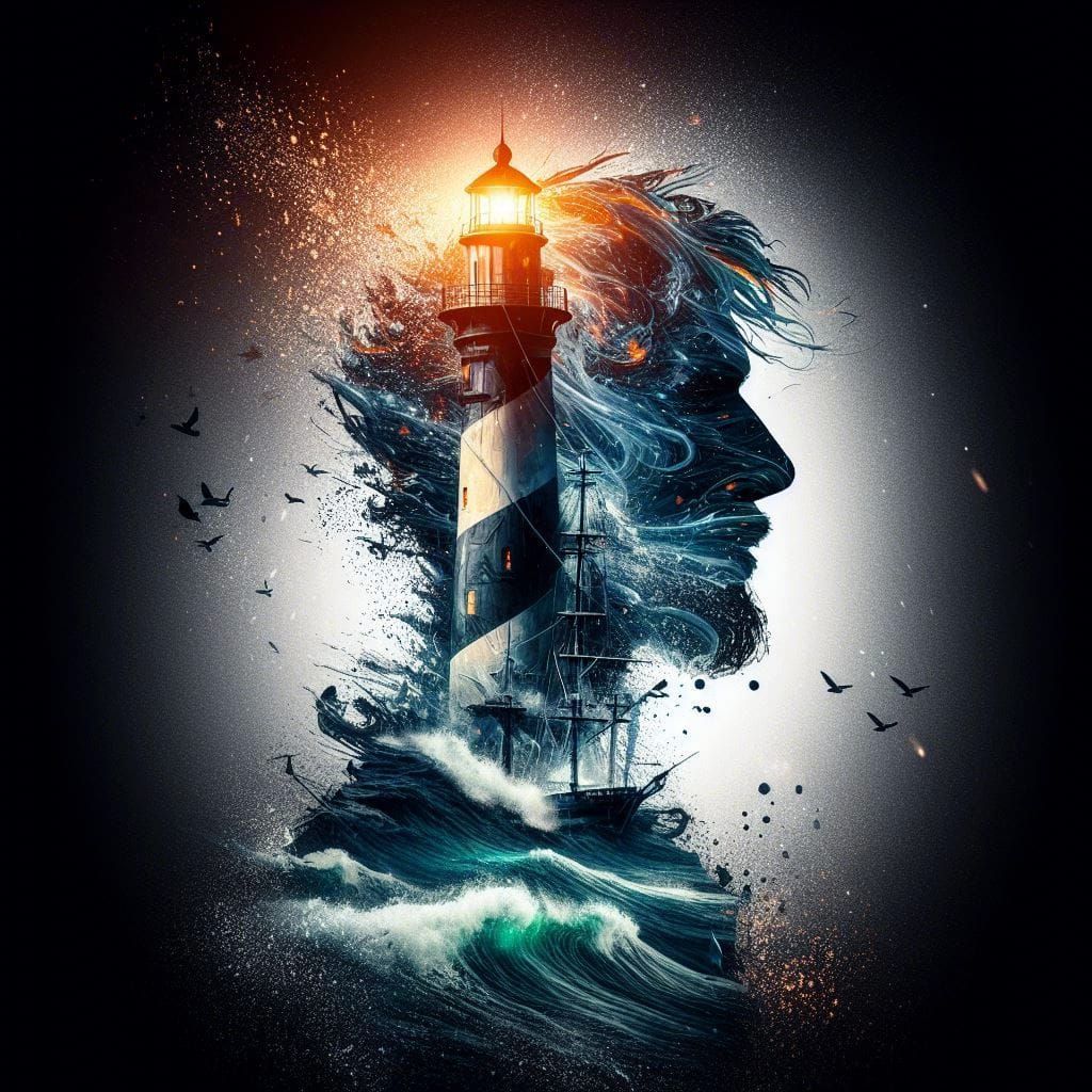 Stormy Sea Double Exposure: Lighthouse Keeper Portrait