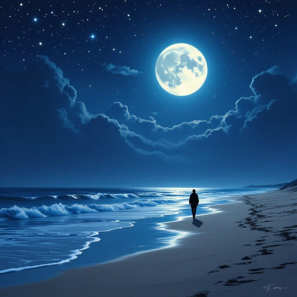 Lone Figure Under Moonlit Night Sky on Shoreline