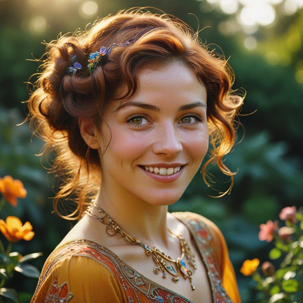 Art Nouveau Portrait in a Lush Garden