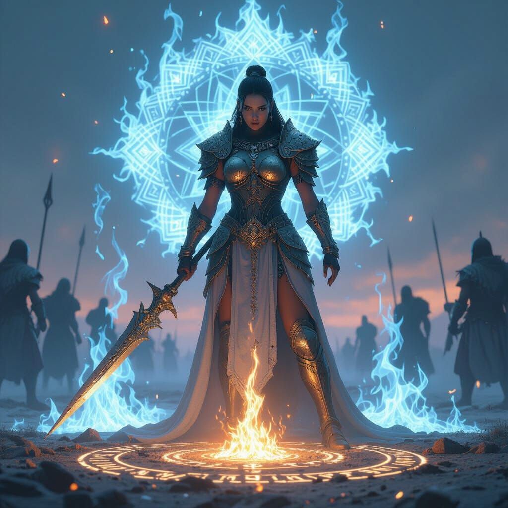 Goddess Ignites Battlefield with Runes and Flame