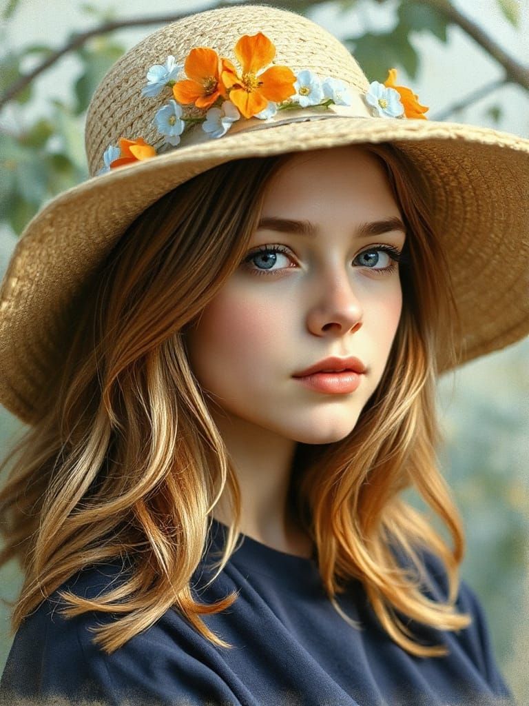 Impressionistic Portrait of Woman with Floral Hat