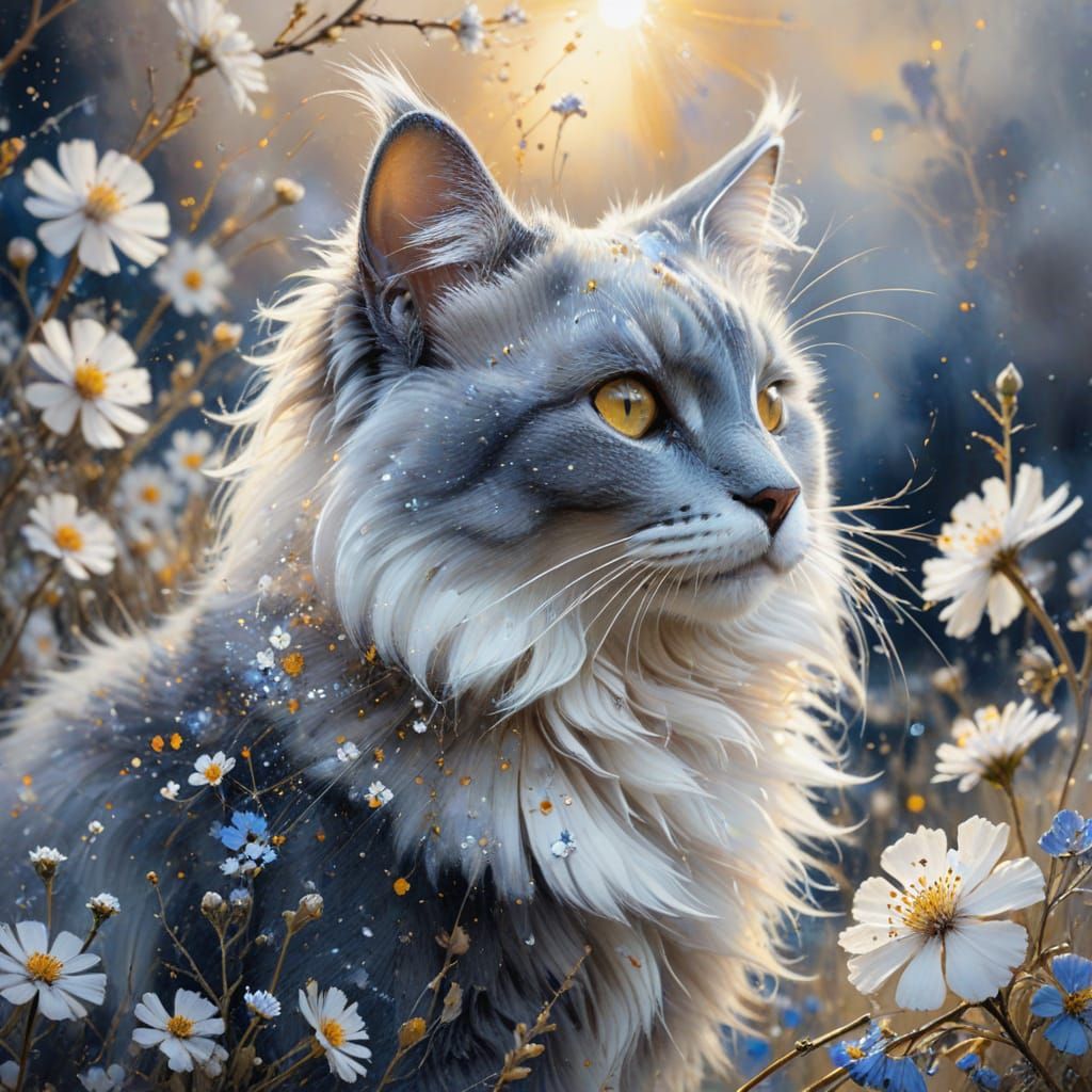 Angora Cat on Flower Branch in Watercolor Style