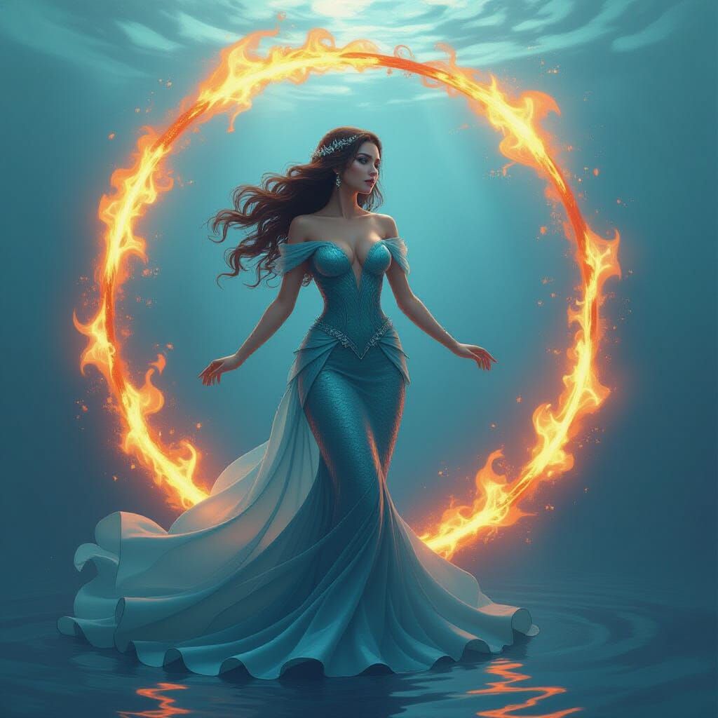Mermaid in Fire Hoop with Flowing Gown