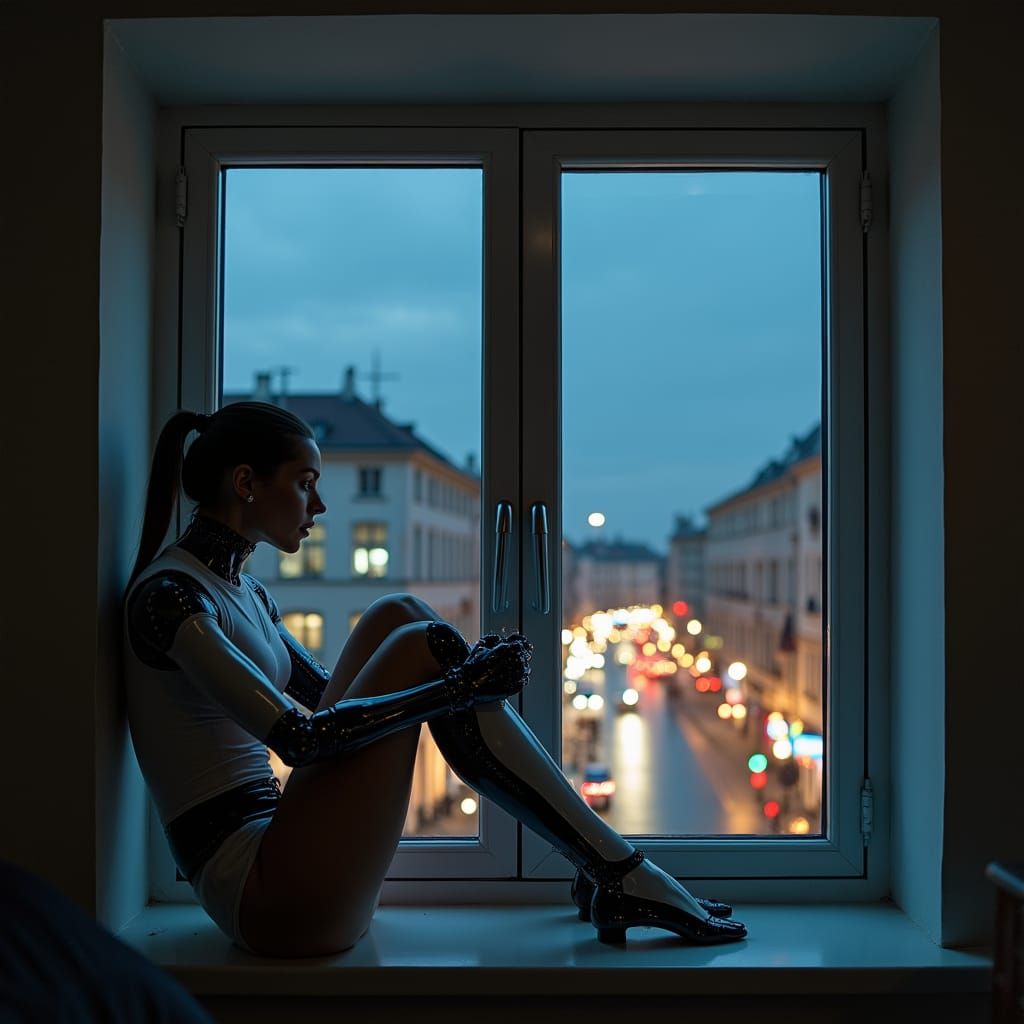 Cyborg Contemplates Cityscape at Night