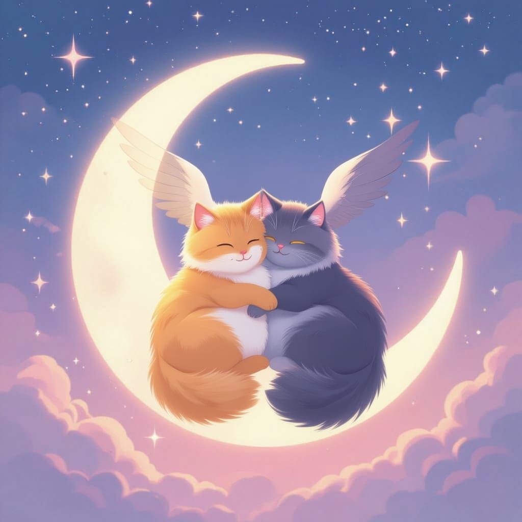Cats Cuddling on a Crescent Moon in Pastel Sky
