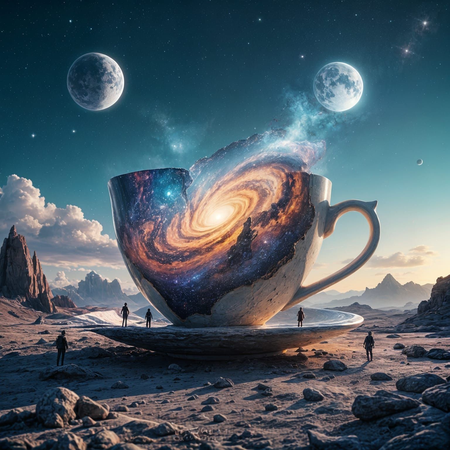 Giant Cracked Teacup Nebula on Desolate Landscape