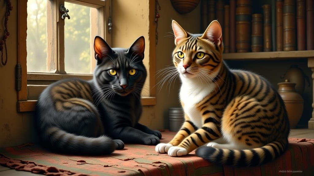 Surreal Countryside Cottage Scene with Tabby and Grey Black ...