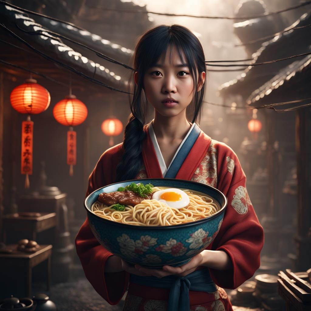 Asian Girl with Ramen: Fantasy Concept Art
