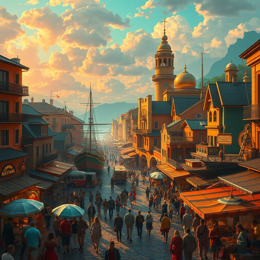 Vibrant Harbor Town in Opulent Art Nouveau Style