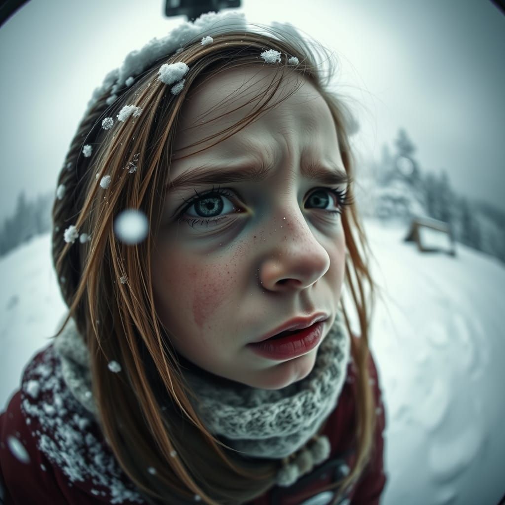 Sad Girl Crying in Snowy Landscape