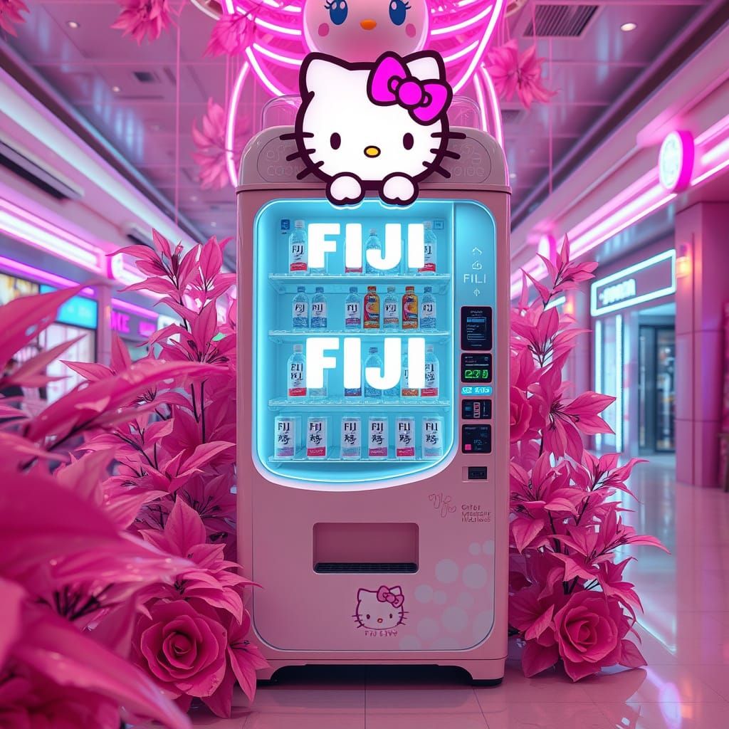 Vaporwave Retro-Futuristic Fiji Water Vending Machine in Neo...