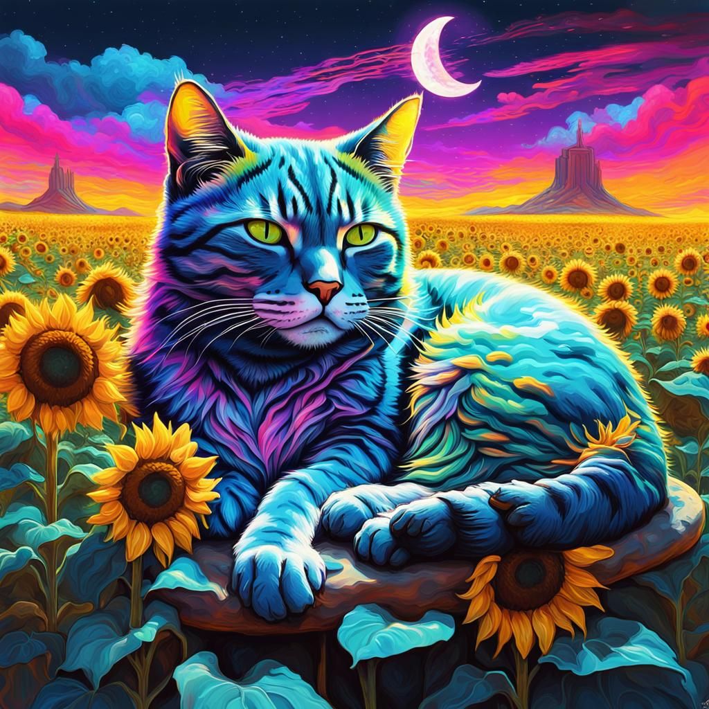 Cute Cat Sleeping on Moon in Cyberpunk Candyland