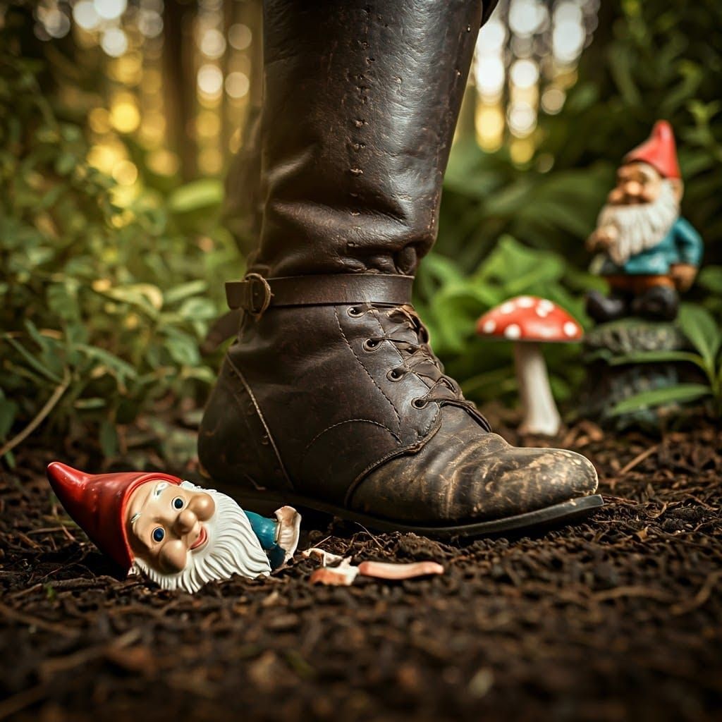 Knight Crushes Gnome in Overgrown Garden