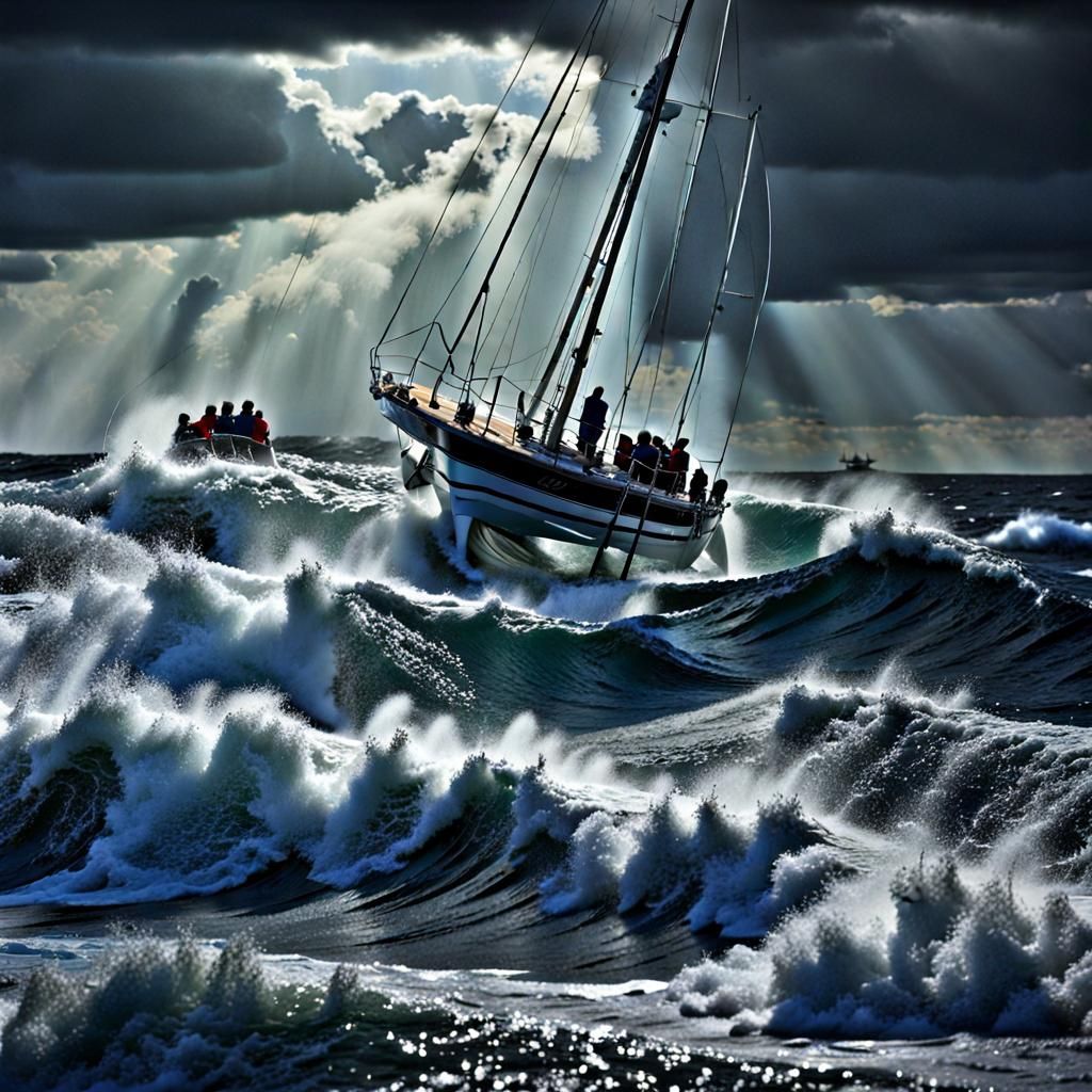 Sailboat Crew Navigating Stormy Seas in 8K