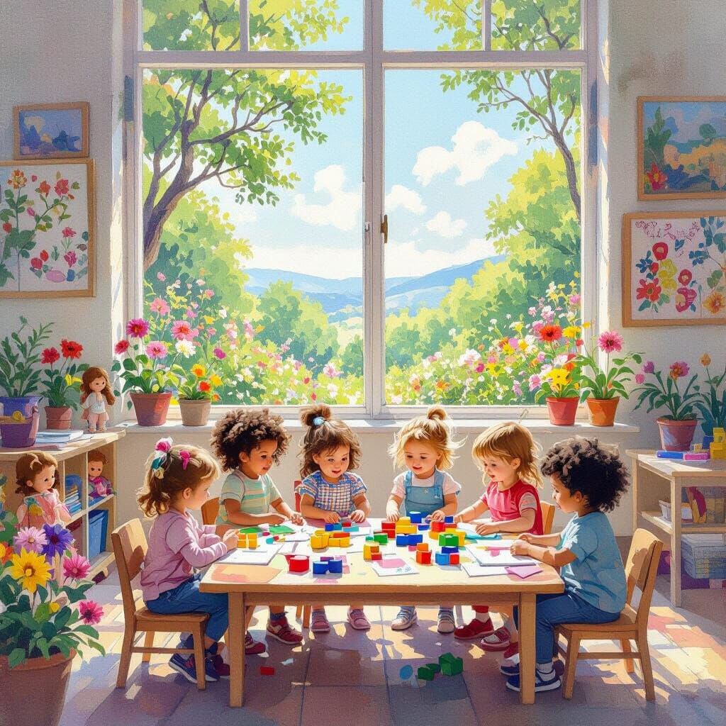 Vibrant Preschool Classroom in Gouache and Watercolor Style
