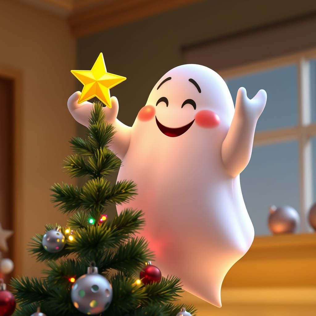 Friendly Ghost Decorates Christmas Tree in Pixar Style