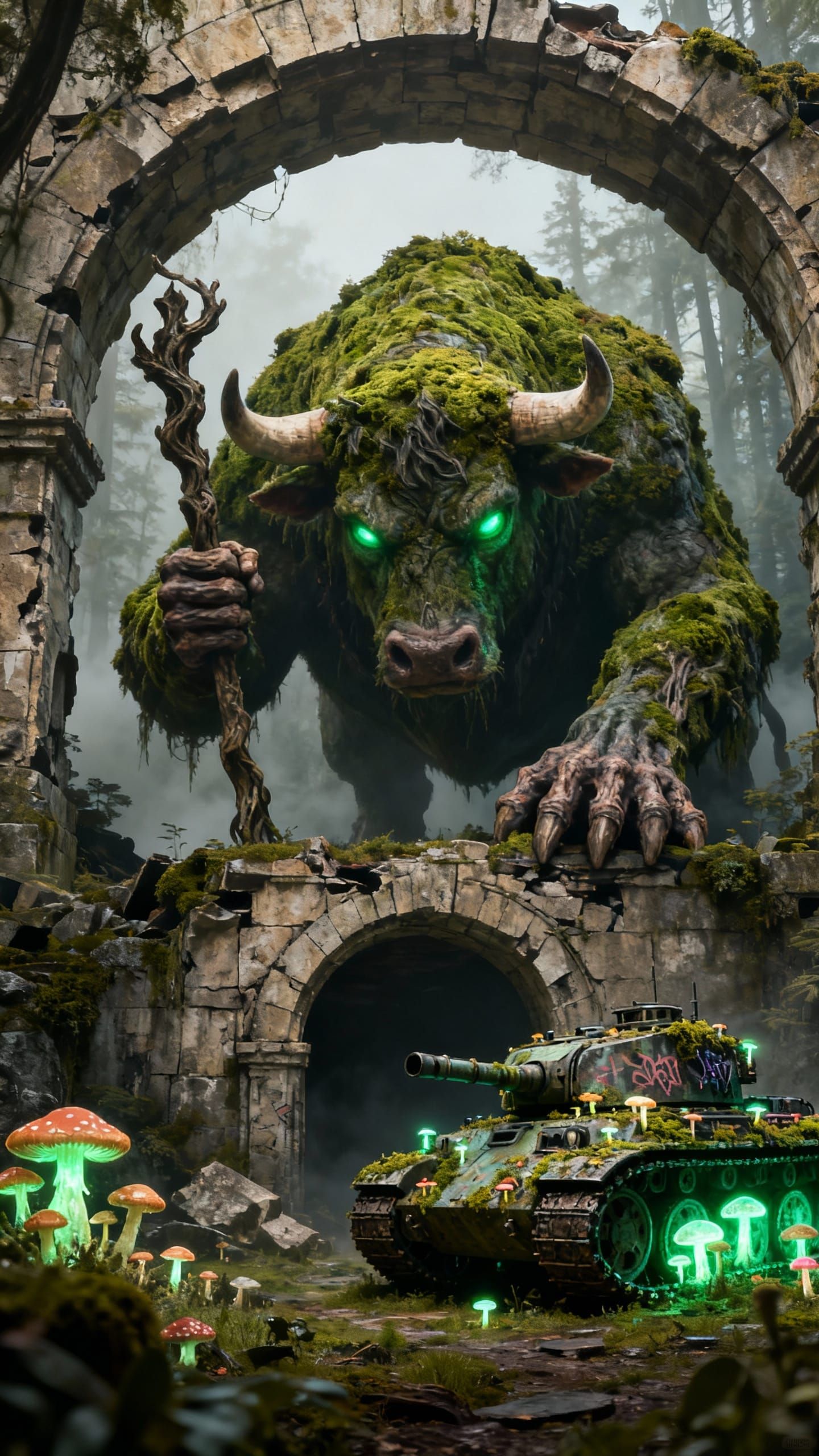 Mossy Cow-Troll in Misty Retro-Futurist Forest