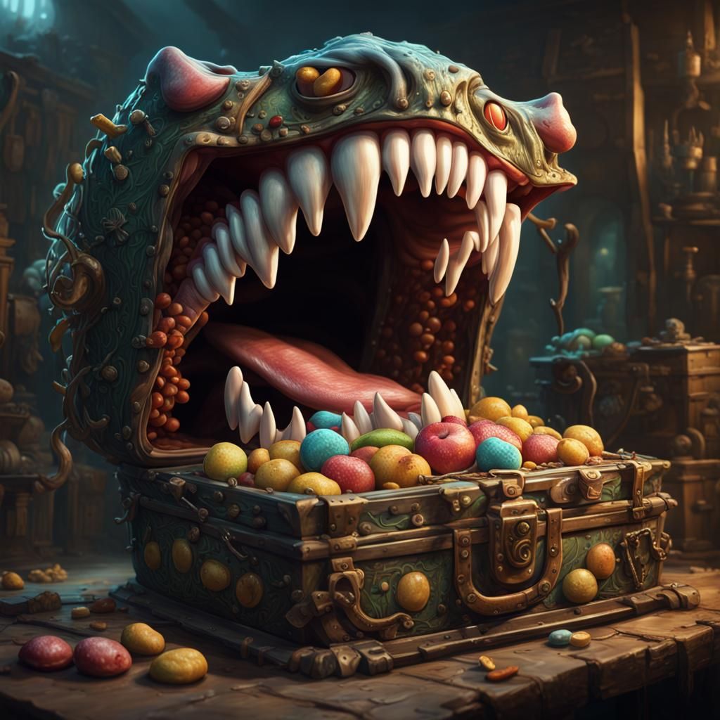 Mimic Muncher: Treasure Chest Monster in Detailed Painting