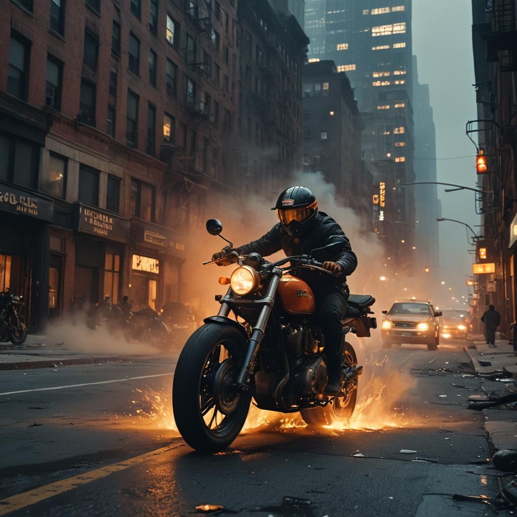 Motorcycle Speeds Through Abandoned City at Night