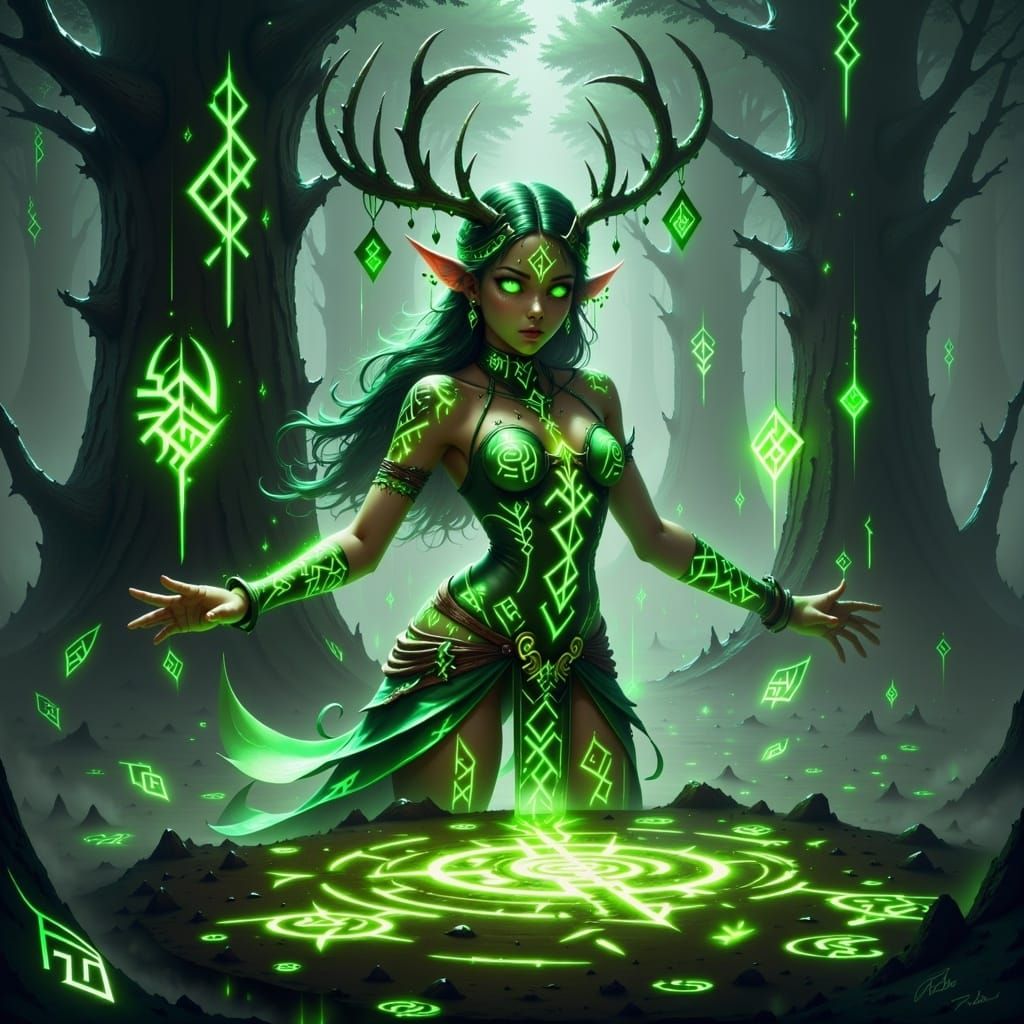 Mystical Druid Sorceress with Glowing Green Runes and Magic....