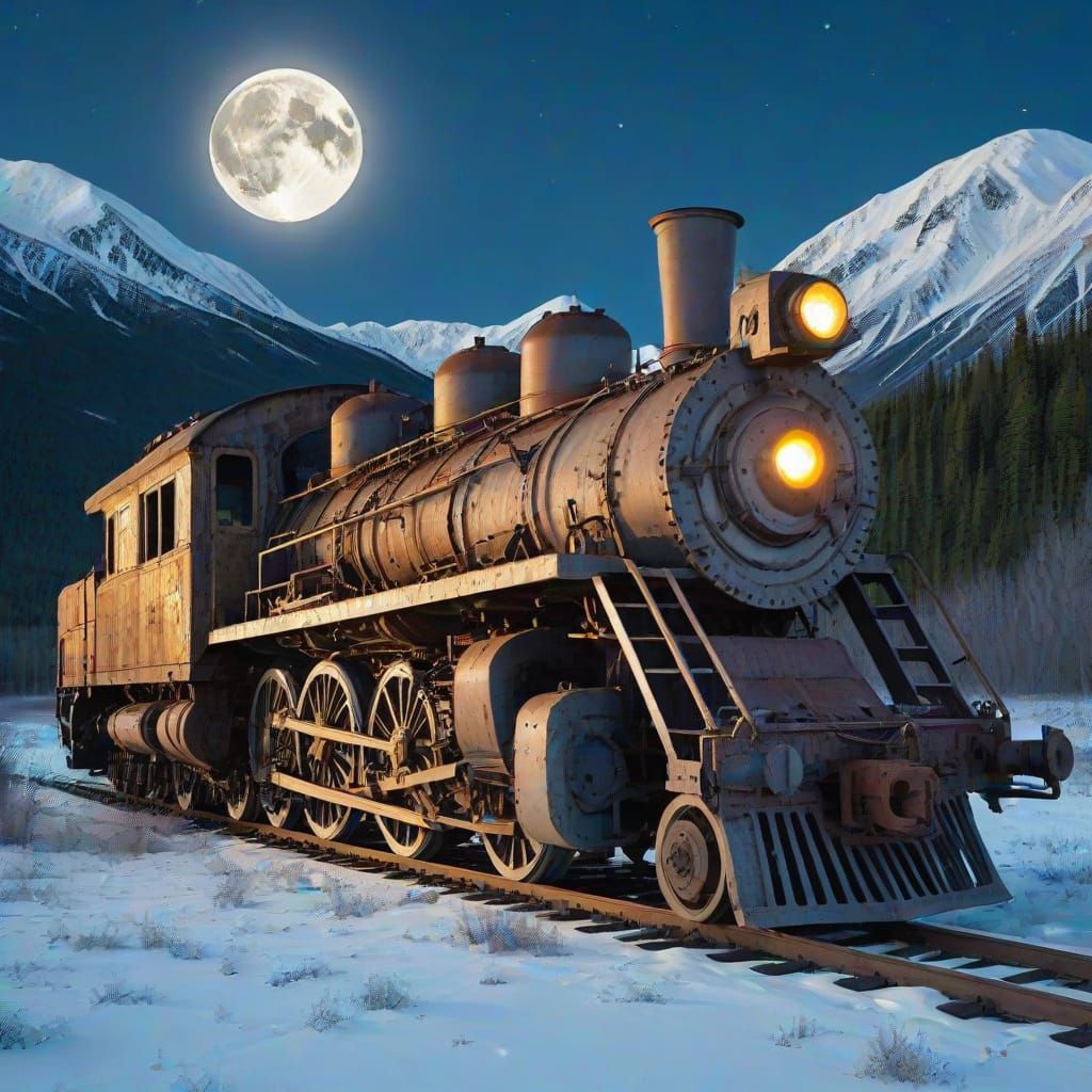 Vintage Locomotive Under Full Moon in Alaskan Wilderness