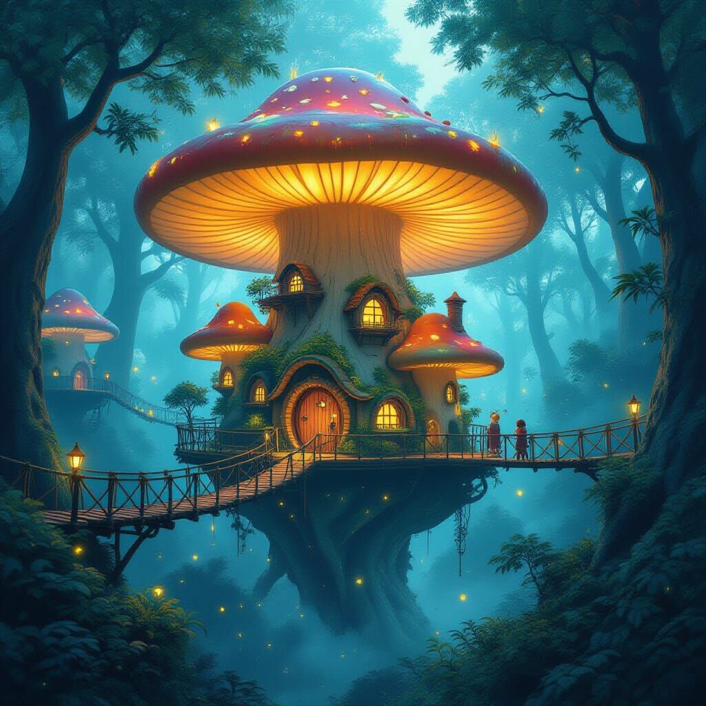 Whimsical Treehouse Village in Bioluminescent Mushroom Fores...