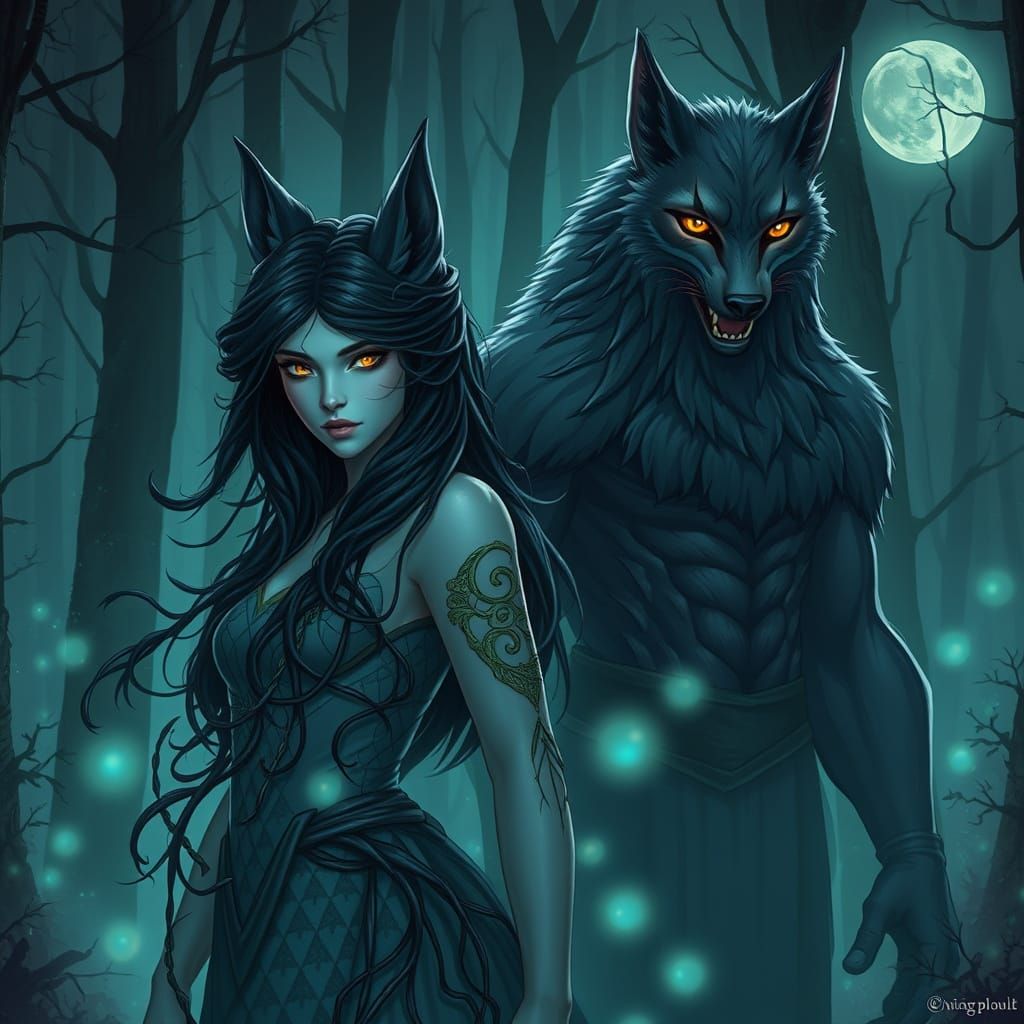 Wolf-Like Woman in Bioluminescent Forest, Mystical Realism
