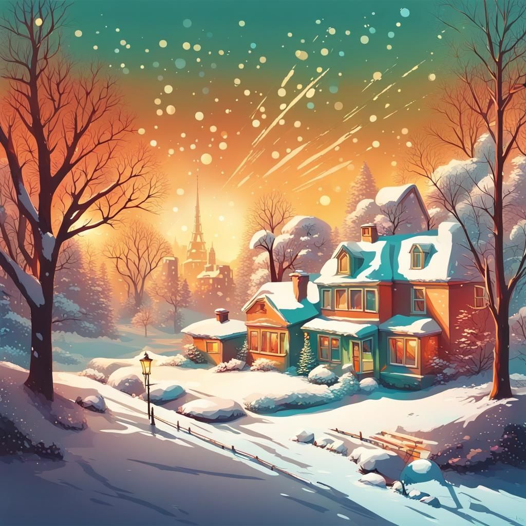 Hyperrealistic Retro Christmas Landscape in Splash Art Style