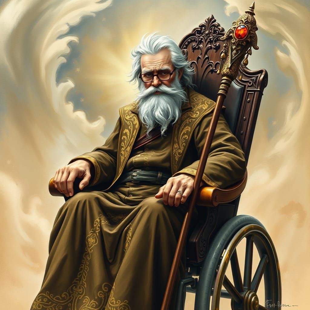 Mystic Wizard in Ornate Wheelchair Amidst Magical Aura