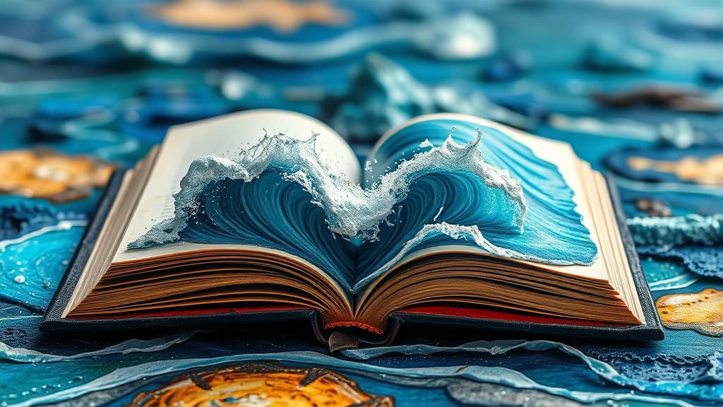 Miniature Ocean Flowing from Book, Mixed Media Art