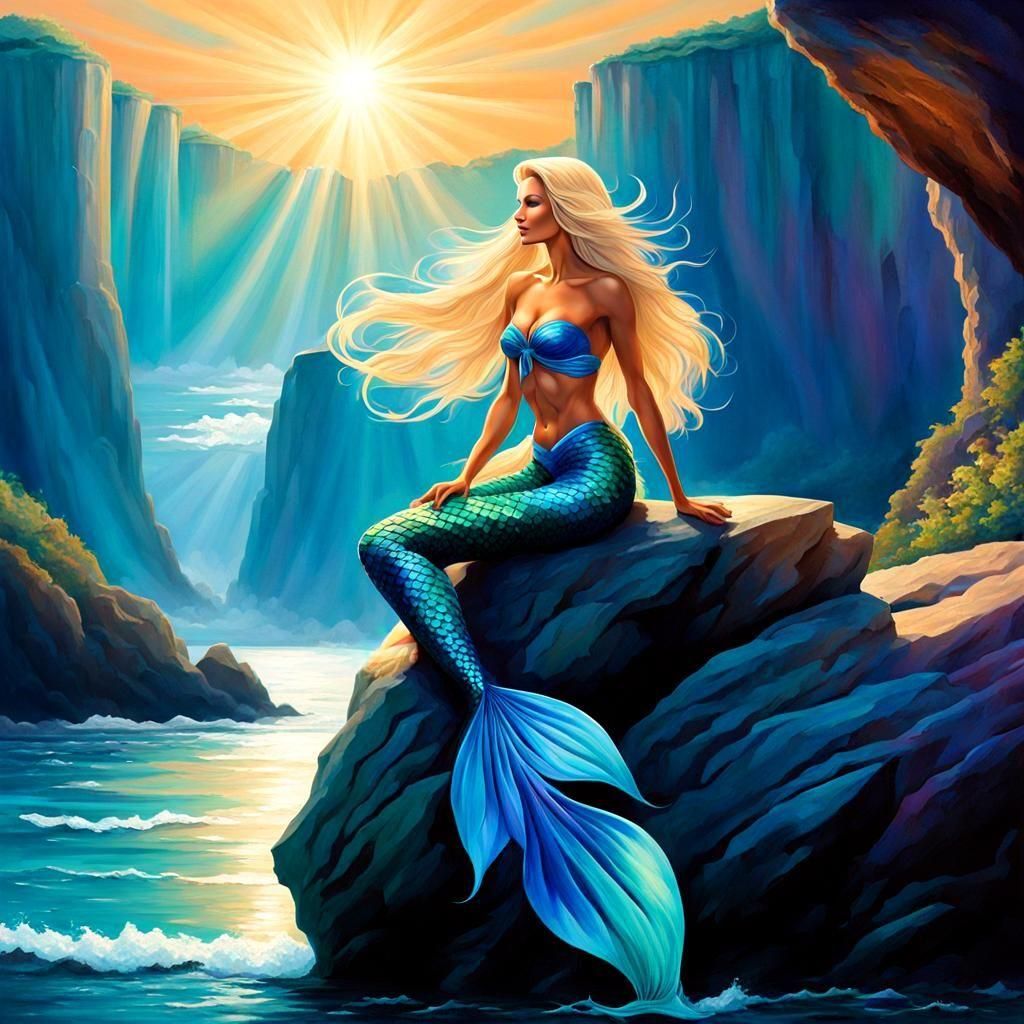 Bare-Chested Mermaid Sunbathing on Cliffside Rock