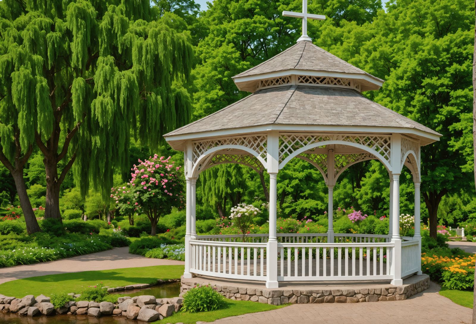 Gazebo with Cross in Botanical Garden in HDR